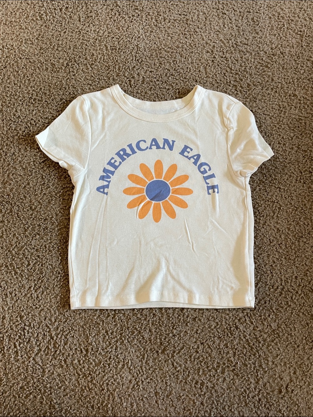 American Eagle Outfitters White Crop Tee with Blue & Orange Daisy